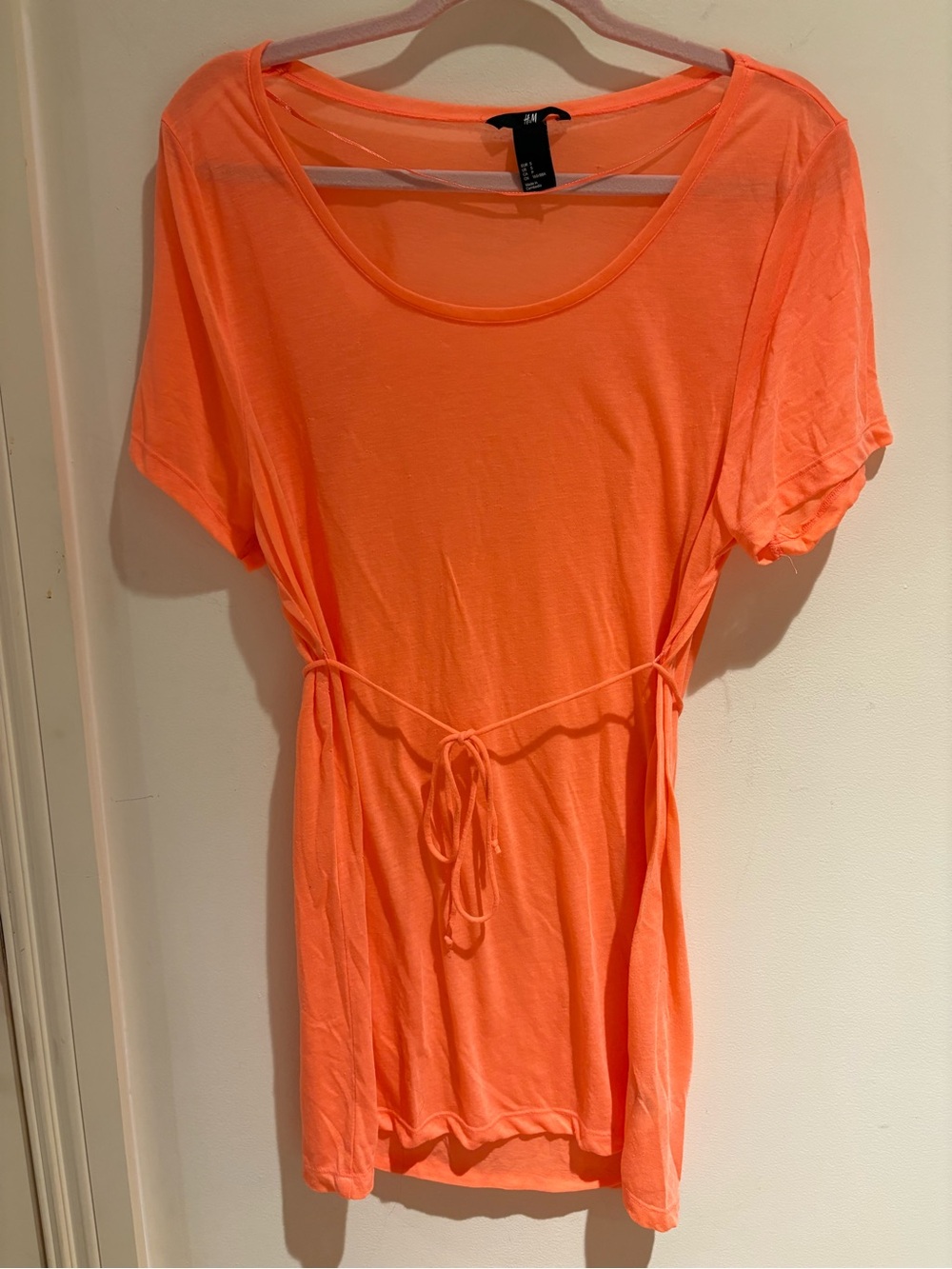 H&M Neon Coral Tie-Waist Tee Dress